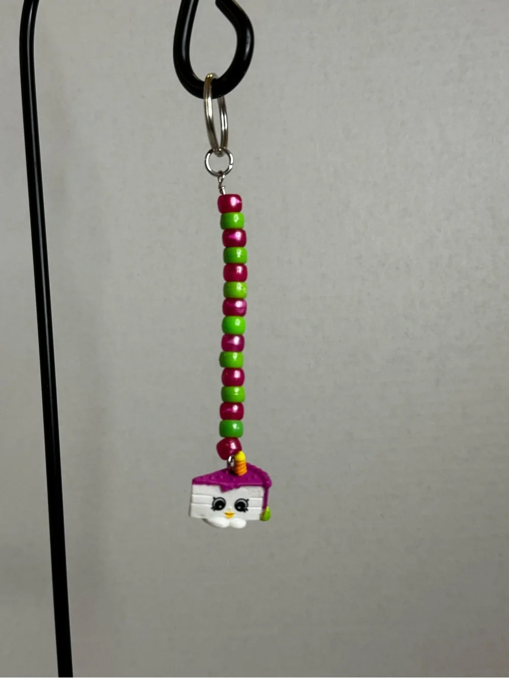 Pink & Green Beaded Kids Charm Keychain with Cute Cake Pendant